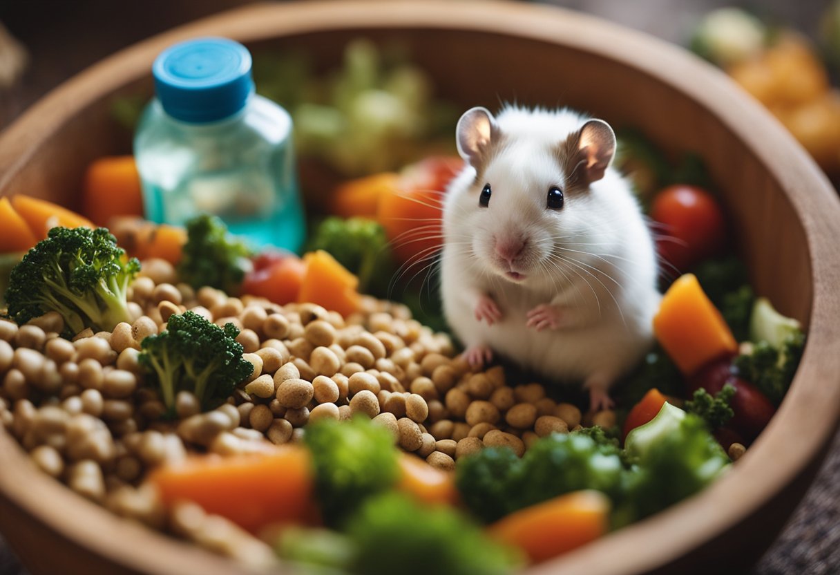A small bowl of soft, moistened hamster food sits next to a water bottle in a cozy cage. A few fresh vegetables and a sprinkle of seeds are scattered on the bedding