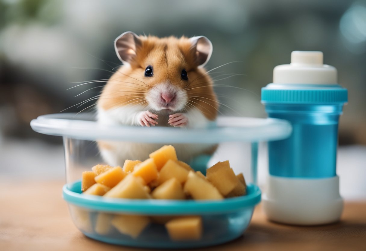 A small bowl of soft, easily digestible food sits next to a water bottle in a cozy hamster cage. The hamster looks weak but curious, sniffing at the food