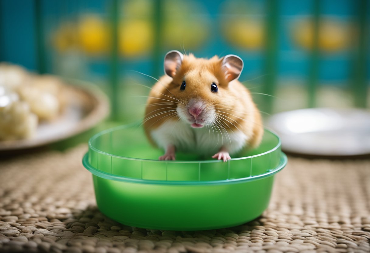 A small bowl of soft, easily digestible food sits beside a water bottle in a hamster cage. The hamster appears lethargic, with droopy ears and a hunched posture