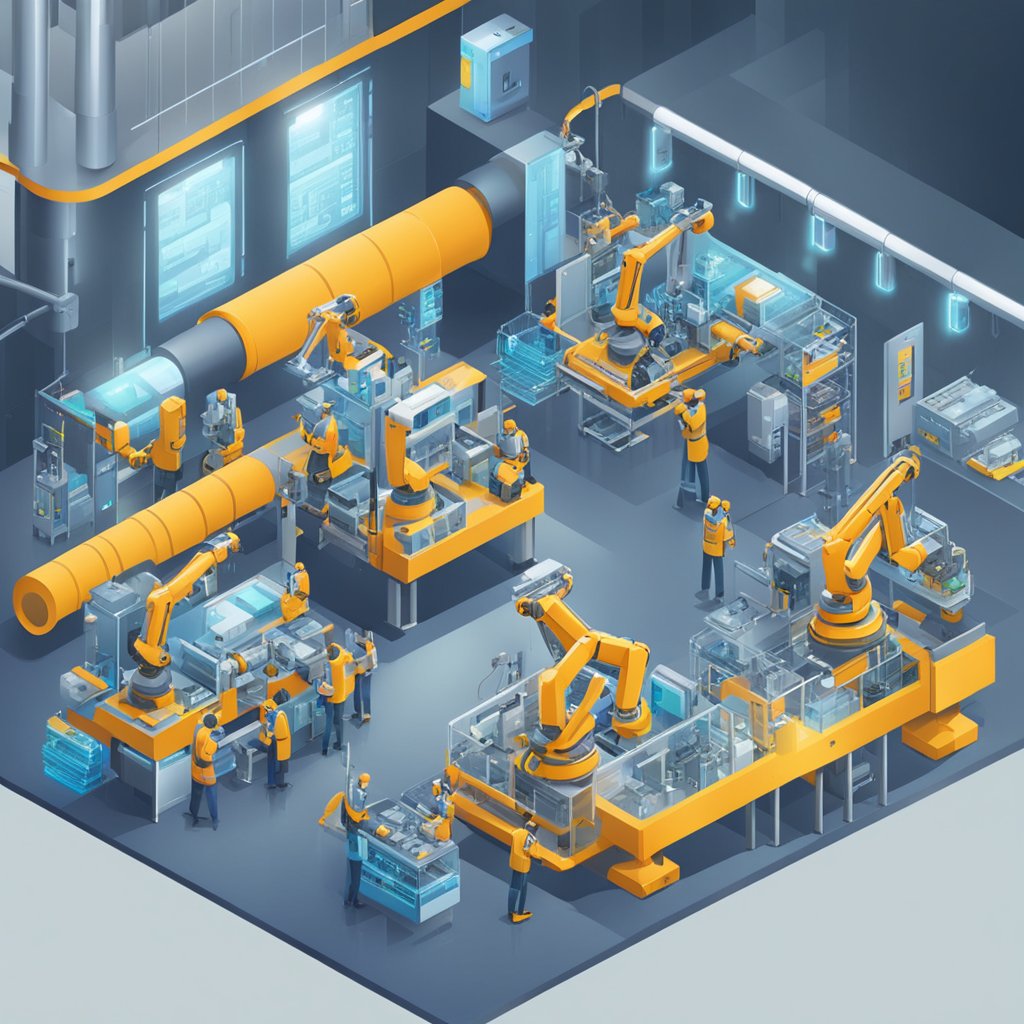 A futuristic factory with robots working efficiently, showcasing automation and operational efficiency in making money with AI
