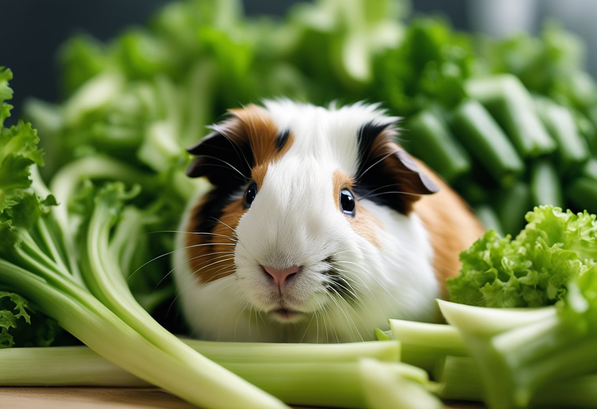 A guinea pig surrounded by an excessive amount of celery, looking overwhelmed and hesitant to eat