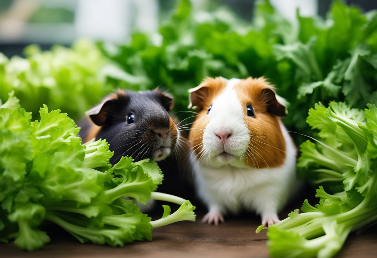 A group of guinea pigs surrounded by celery, some nibbling on it while others sit back, looking content and healthy