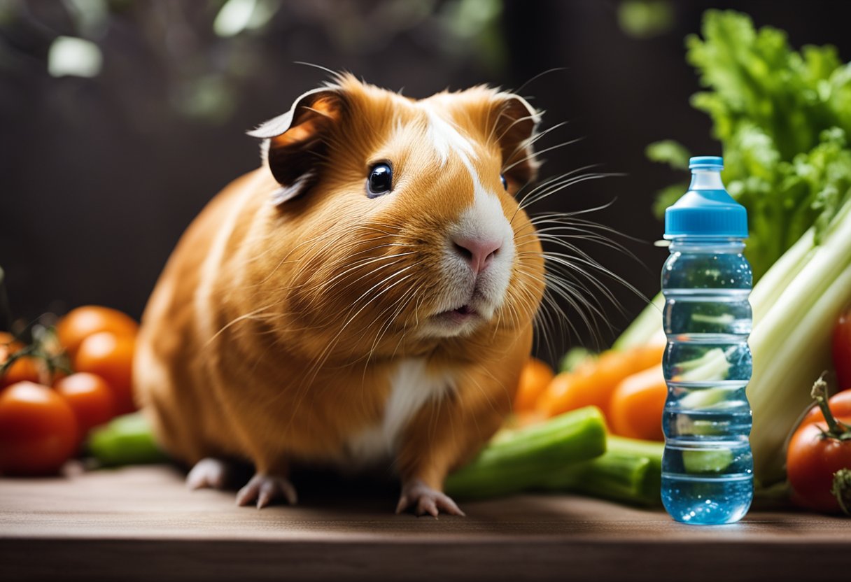 A guinea pig munches on celery, surrounded by various vegetables and a water bottle in its cage