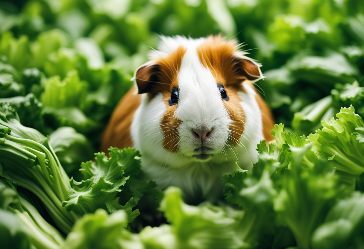 A guinea pig surrounded by an excessive amount of celery, looking overwhelmed and unable to consume it all