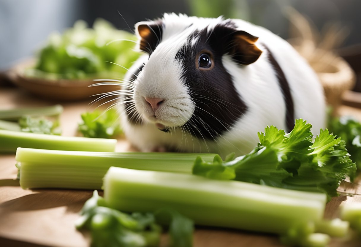 A guinea pig surrounded by a pile of celery, looking overwhelmed
