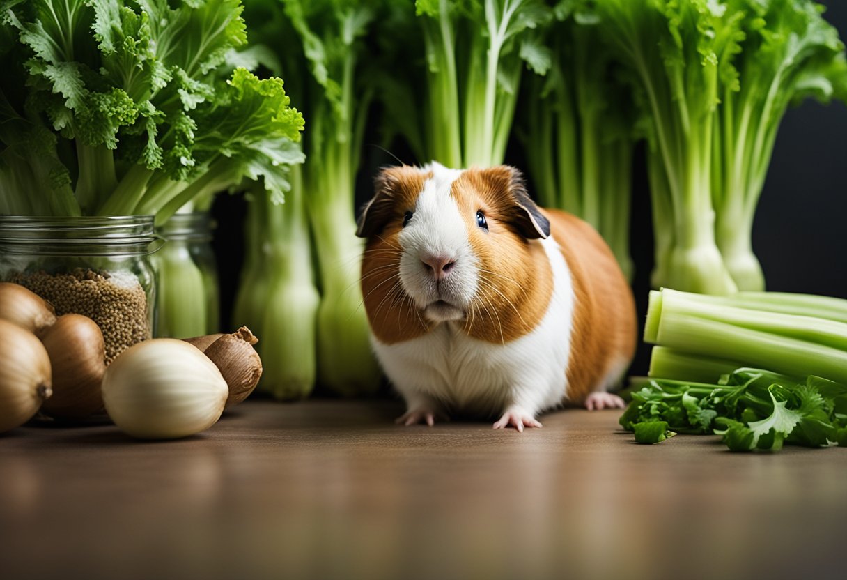 A guinea pig surrounded by celery, looking overwhelmed