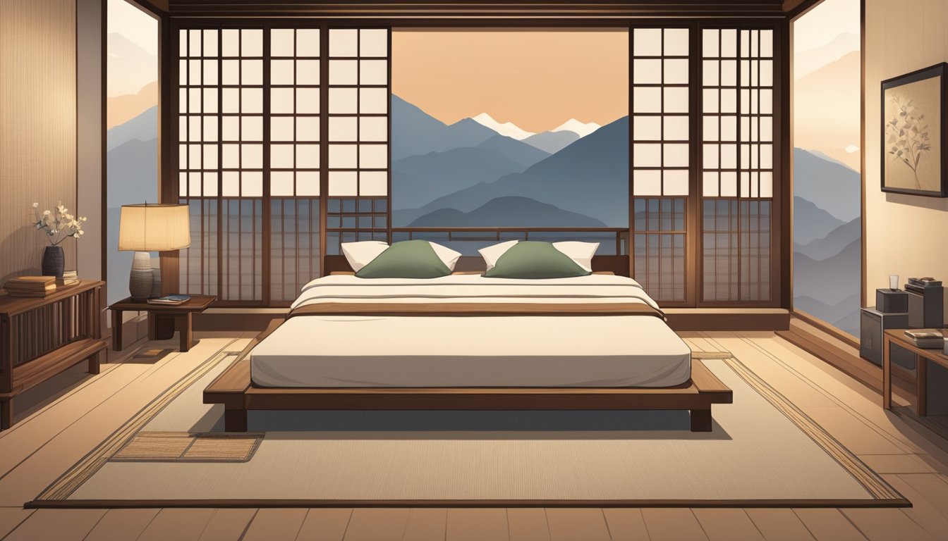 A cozy bedroom with a low, wooden tatami bed against a shoji screen backdrop, adorned with traditional Japanese bedding and a simple, elegant design