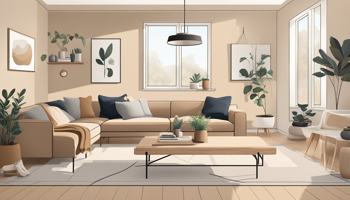 A cozy scandinavian living room with a minimalist design, featuring a large, comfortable sofa, a sleek coffee table, and a warm, neutral color palette
