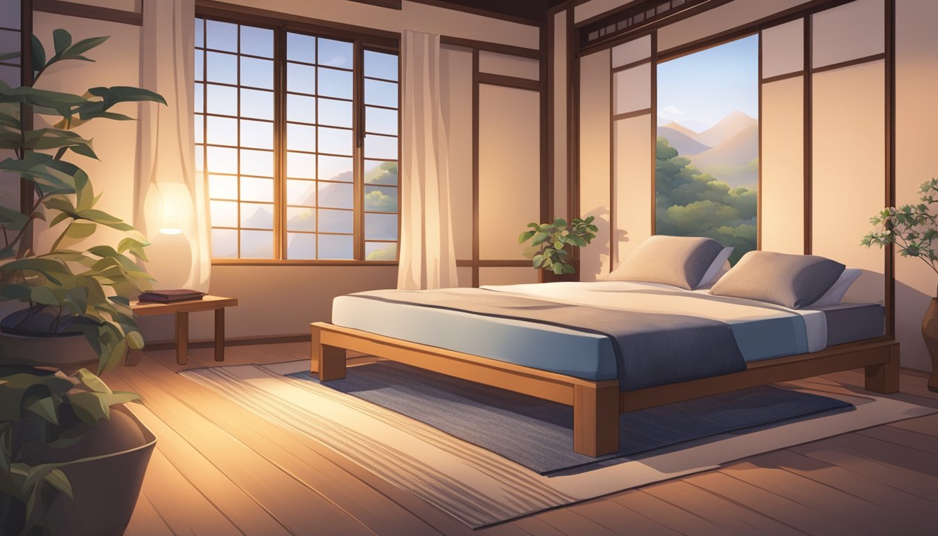 A cozy bedroom with a tatami bed, soft pillows, and warm lighting, showcasing the comfort and tranquility of a traditional Japanese sleeping experience