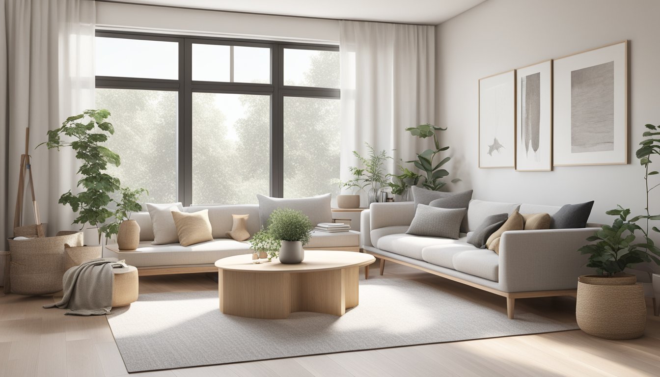 A minimalist Scandinavian living room with clean lines, neutral colors, natural materials, and cozy textures. A large window lets in natural light, and a simple, functional layout creates a sense of calm and tranquility