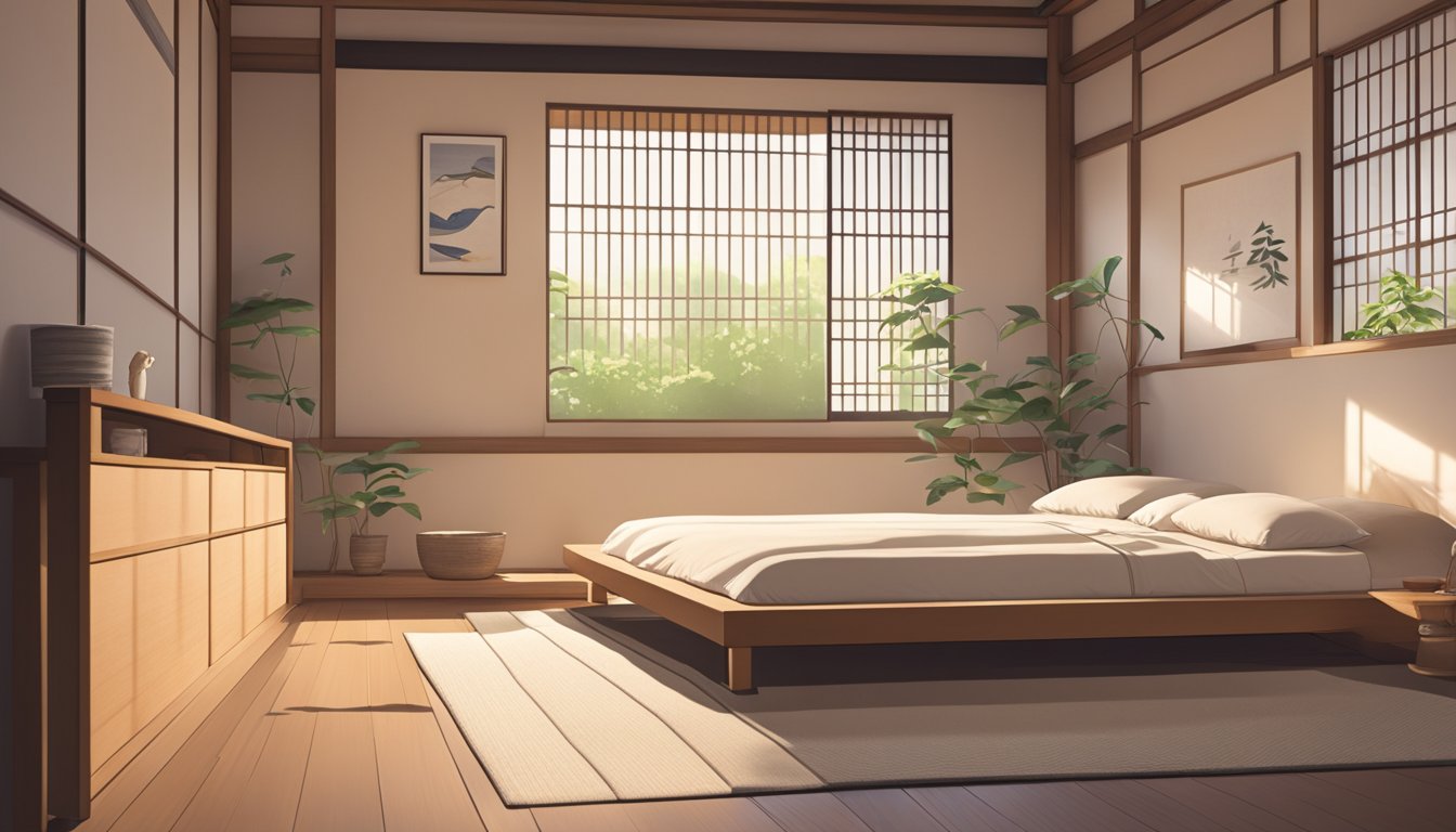 A cozy bedroom with a low Japanese-style tatami bed, surrounded by minimalist decor and soft lighting