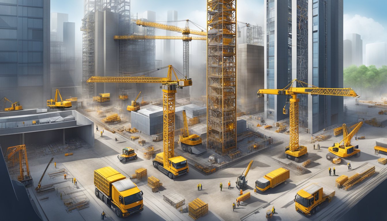 A towering construction site with cranes, workers, and bustling activity. The site is surrounded by blueprints and safety signs