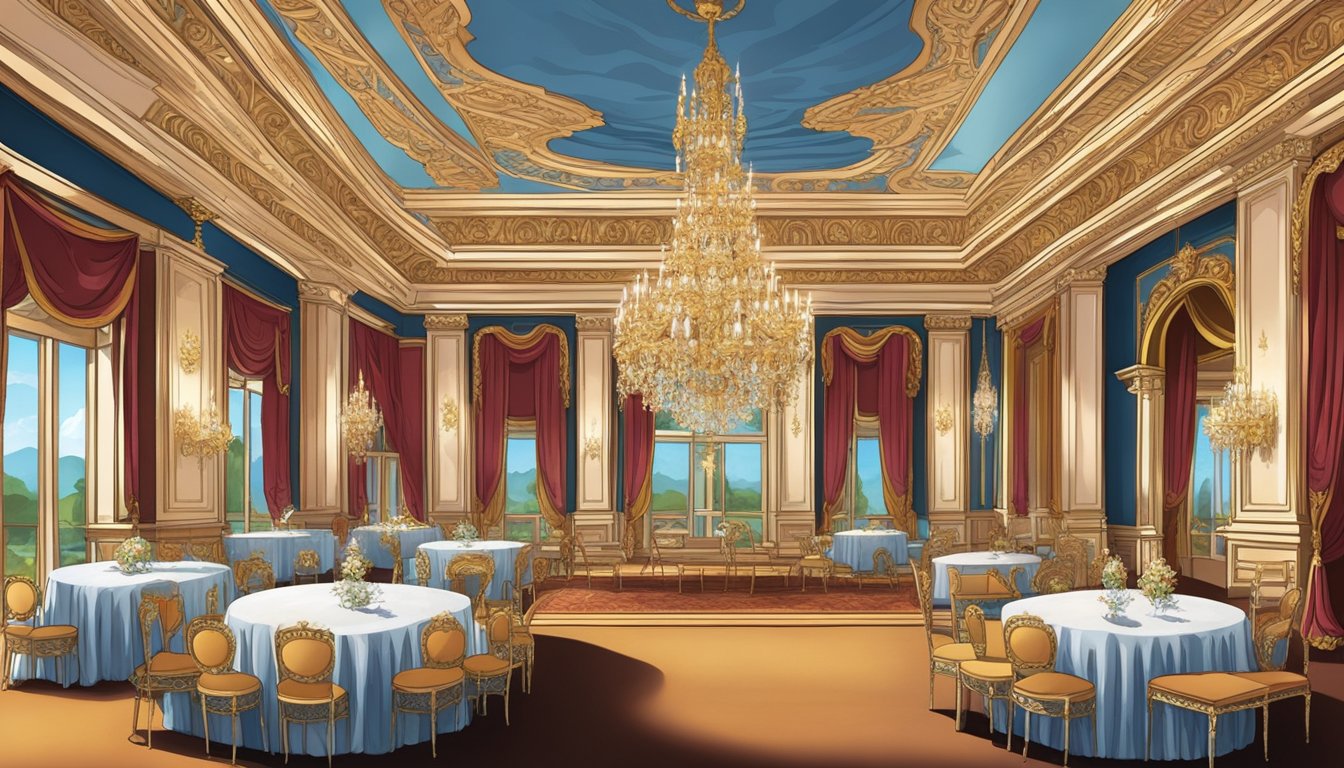 Opulent chandeliers illuminate a grand ballroom with ornate furnishings and regal tapestries. Rich colors and luxurious fabrics create a noble interior design