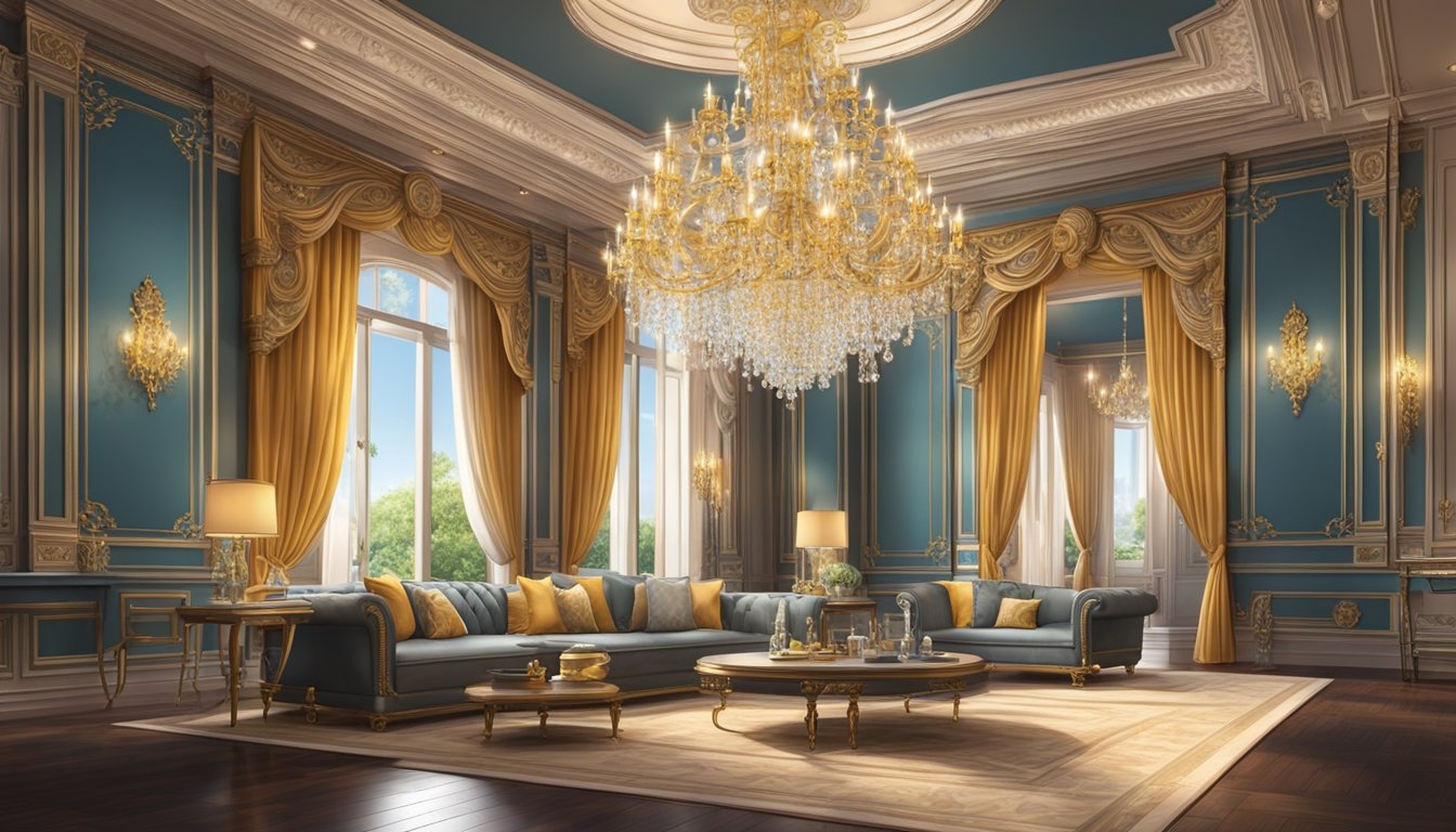 A grand chandelier illuminates the opulent room with high ceilings, adorned with intricate moldings and luxurious furnishings in regal colors