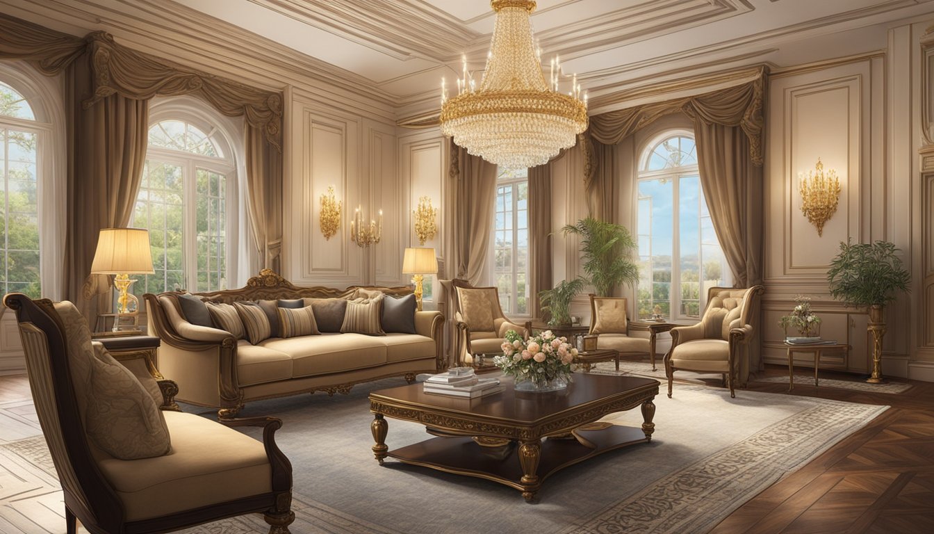 A luxurious, elegant living room with plush furniture, intricate moldings, and a grand chandelier. Rich, warm tones and ornate details create a sense of opulence and sophistication