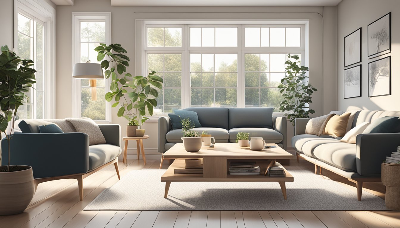 A cozy Scandinavian living room with minimalist furniture, neutral colors, and natural light streaming in through large windows
