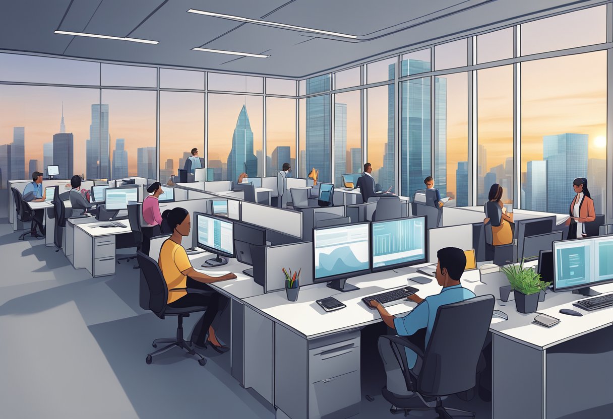 A bustling office scene with modern skyscrapers in the background, showcasing employees working on computers and interacting with clients in a professional setting
