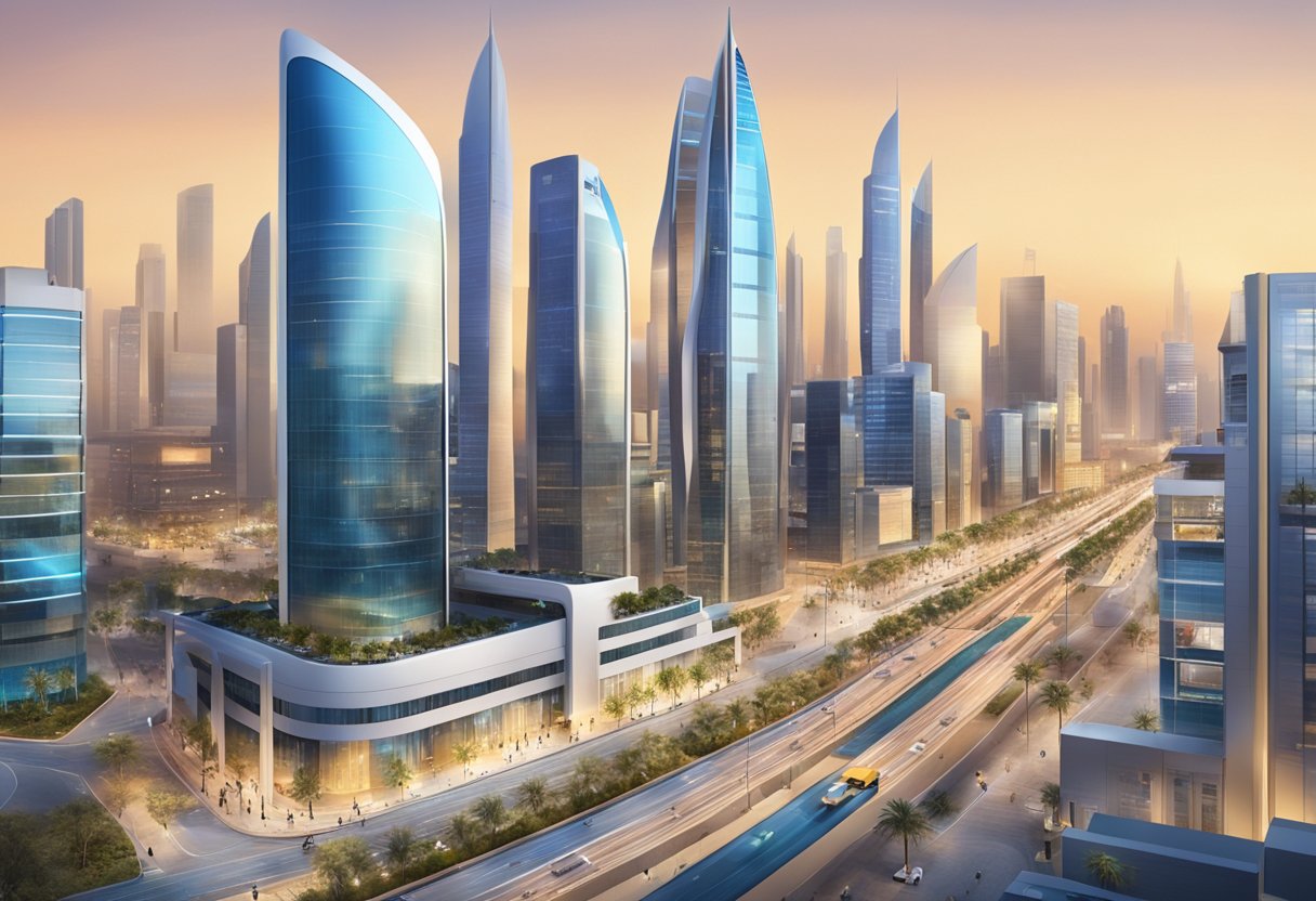 A bustling Kuwaiti cityscape with modern buildings and busy streets, showcasing the successful implementation of SAP technology