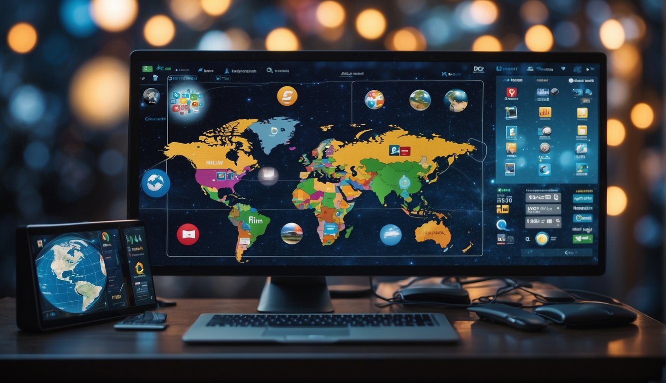 A computer screen displaying a search engine with various multimedia icons, surrounded by globes and language flags