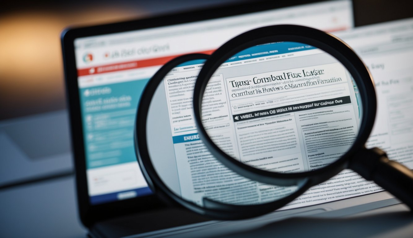 A computer screen displays a webpage with tips on spotting and combating fake news. A magnifying glass hovers over the screen, symbolizing the need for careful evaluation of online information