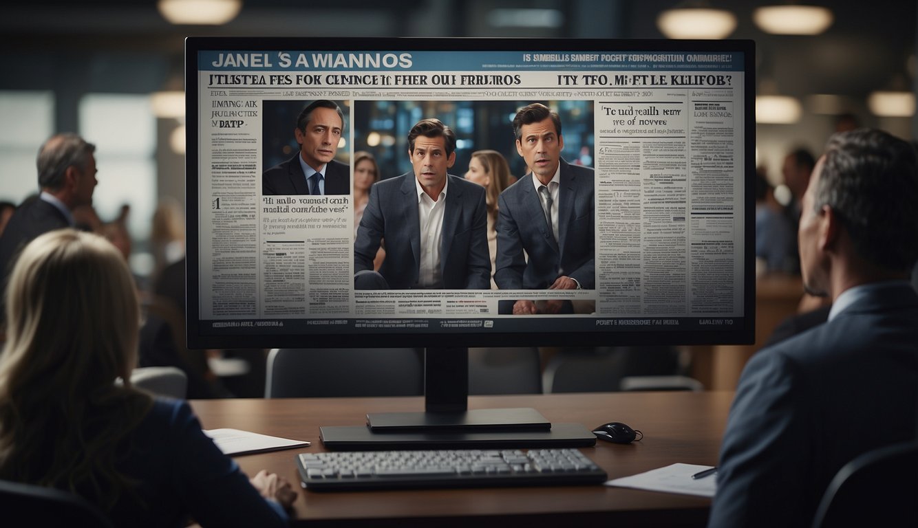 A computer screen displaying a news article with a large "FAKE" stamp across it, while a group of people look confused and frustrated
