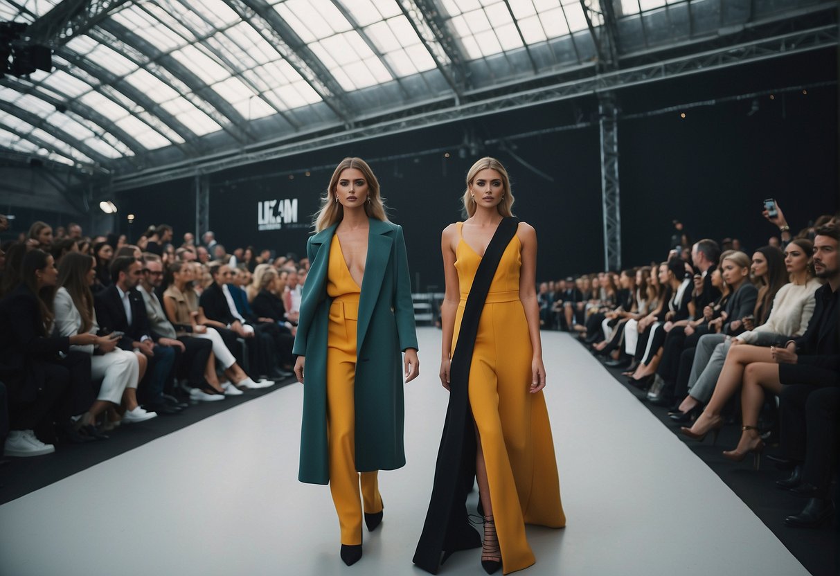 A bustling Berlin Fashion Events venue with stylish attendees and vibrant runway displays