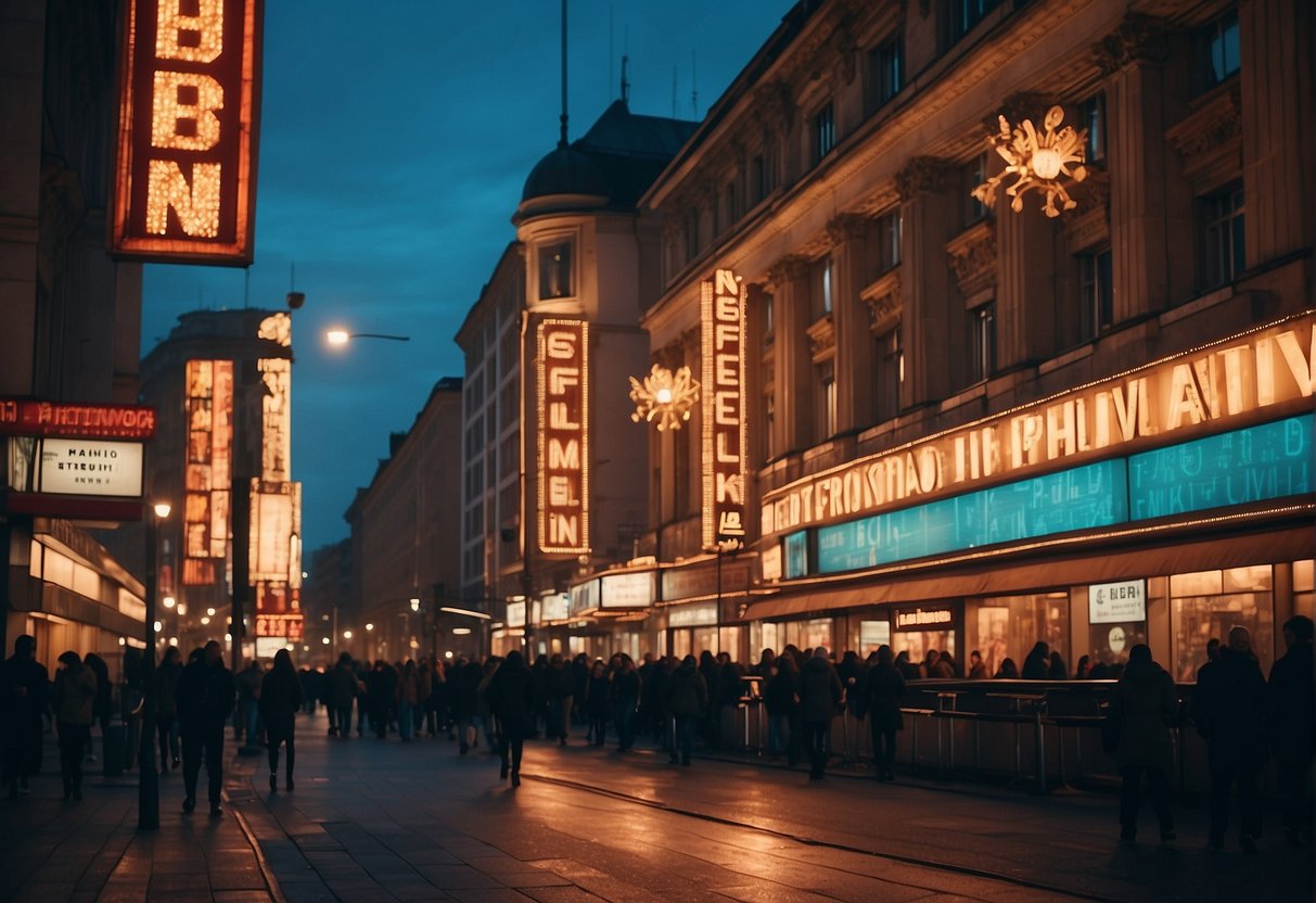The Berlin Cinema landscape shows a bustling city street with glowing neon signs, crowded sidewalks, and a grand marquee announcing the latest film premieres
