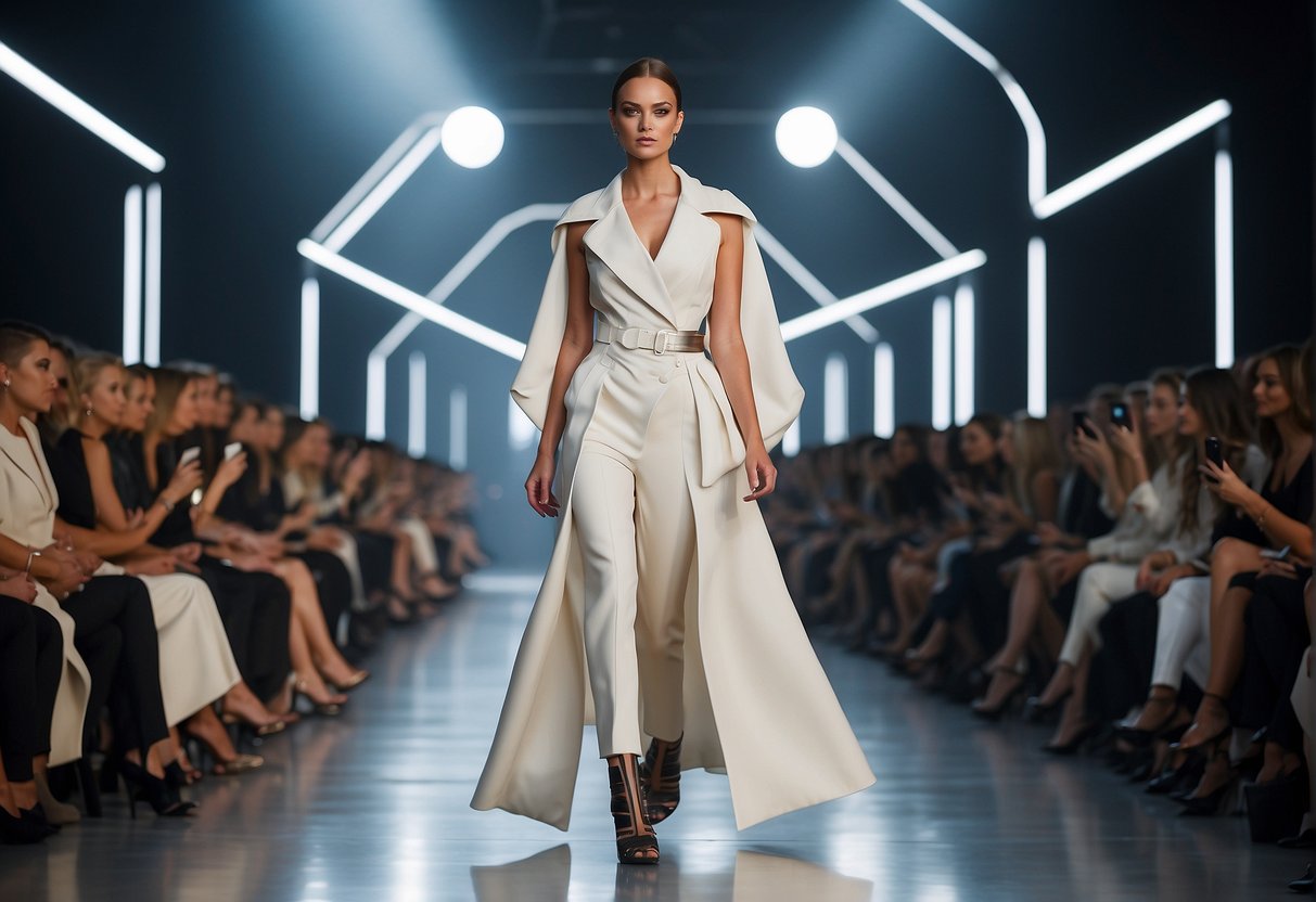A futuristic runway with sustainable materials and innovative designs showcased at a fashion event in Berlin