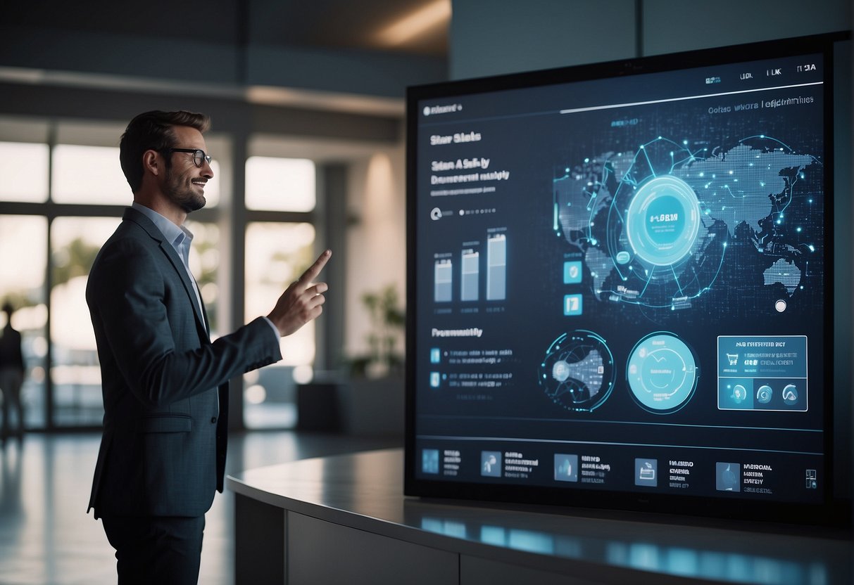 An AI sales bot engages with a customer, displaying product options on a digital screen. The bot's interface is sleek and modern, with a friendly and approachable demeanor