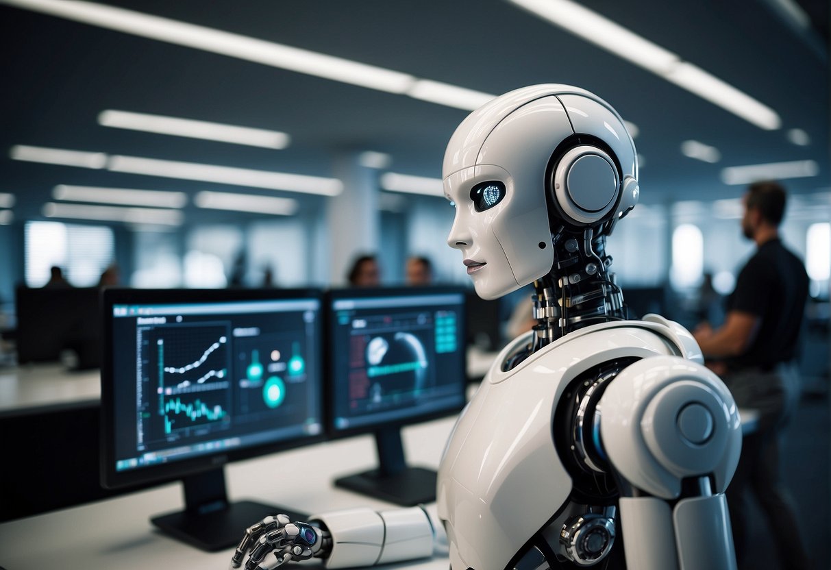 An AI sales bot stands in a modern office, surrounded by computer screens and technology. It engages with customers through a sleek interface, showcasing its advanced technological capabilities