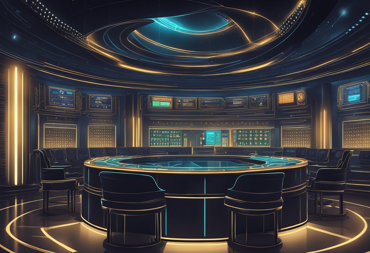 A dark, futuristic casino with sleek, anonymous Bitcoin transactions. Privacy and accessibility are emphasized in the design