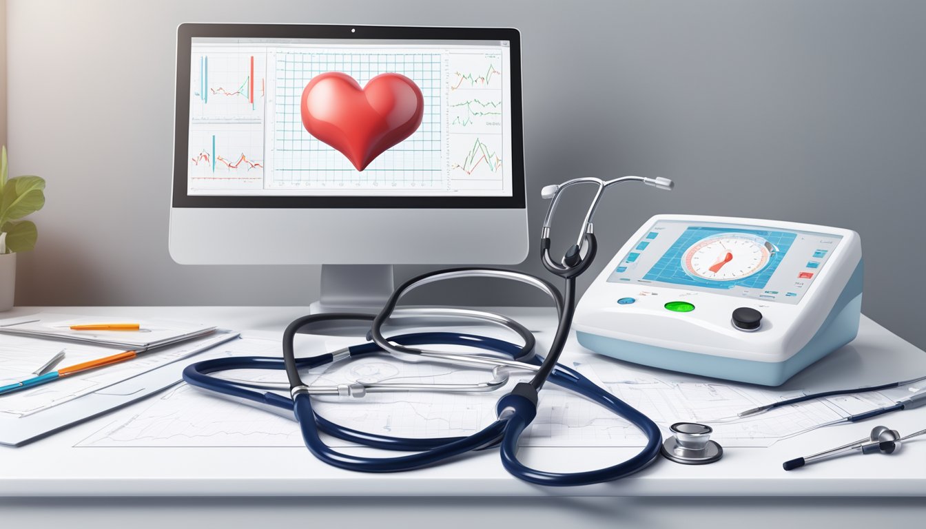 A stethoscope and heart monitor on a clean, white medical table, surrounded by charts and diagrams of the cardiovascular system