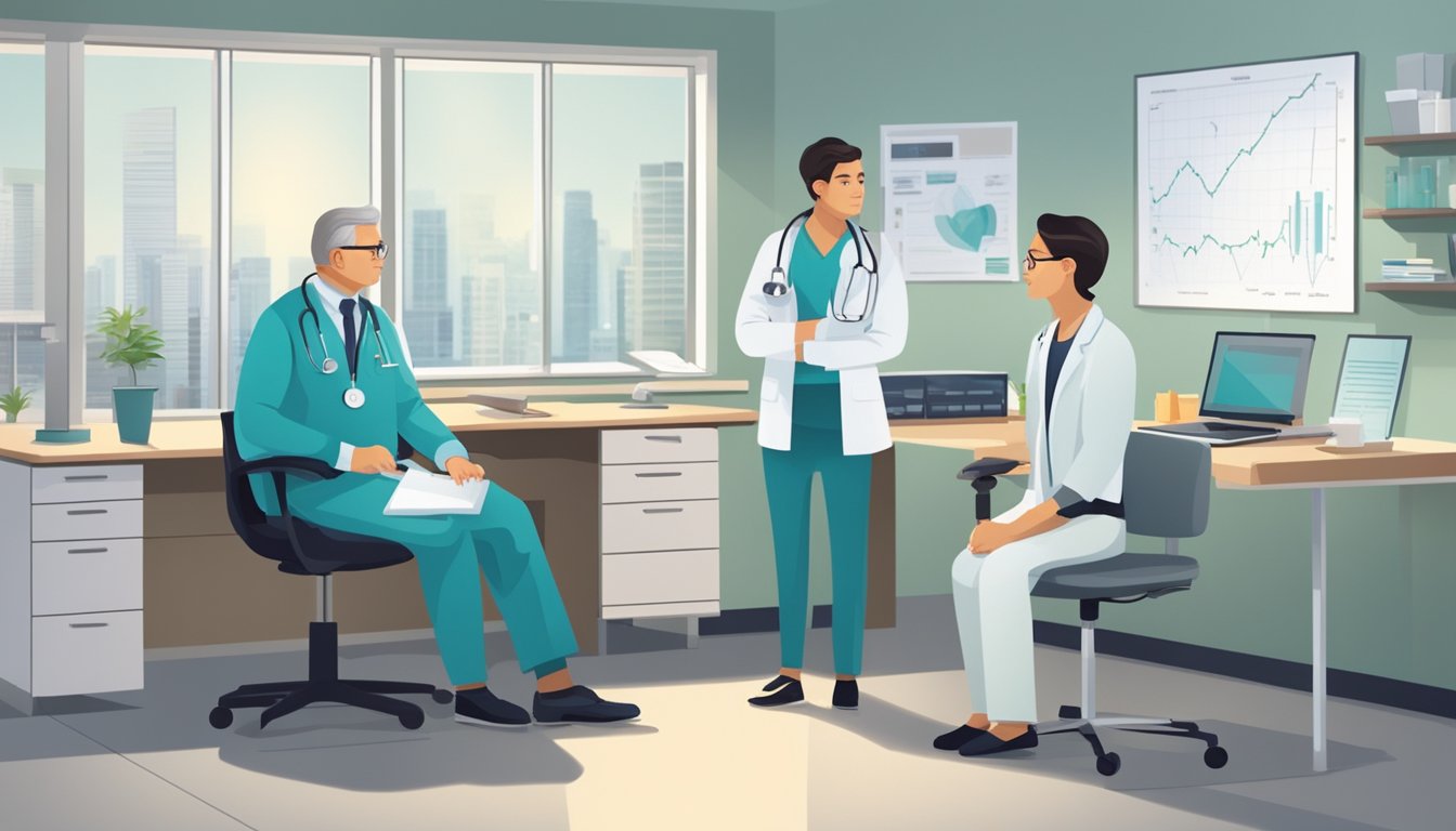 A cardiologist discusses treatment options with a patient, showing empathy and expertise. Medical equipment and charts are present in the office