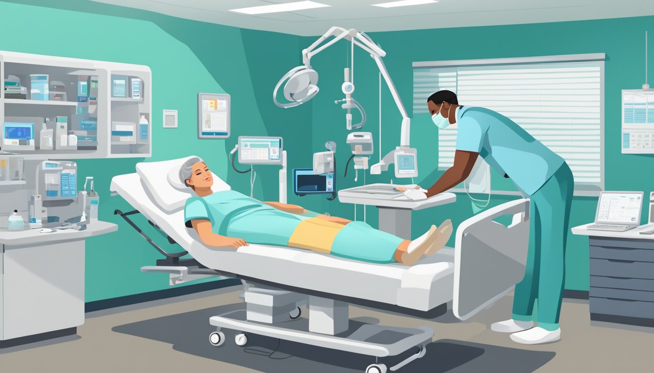 A patient lies in a hospital bed, surrounded by medical equipment and monitors. A nurse administers medication while a doctor checks the patient's vital signs