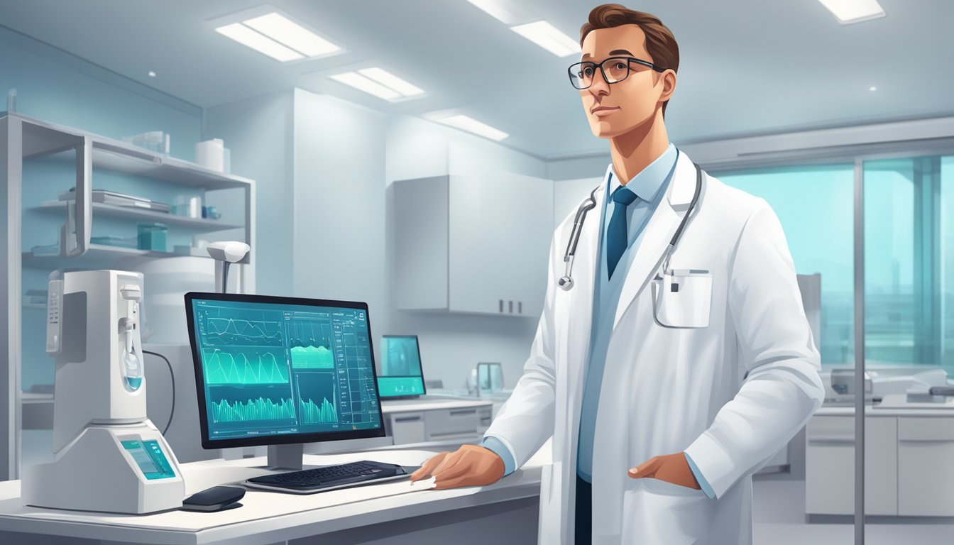 A cardiologist in a white coat standing next to a modern medical device in a well-lit hospital room