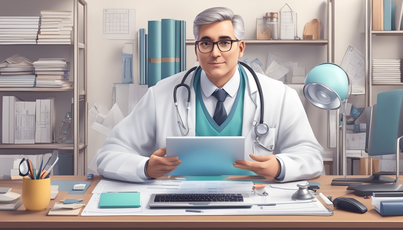A cardiologist sitting at a desk with a computer, surrounded by medical books and charts. A stethoscope and heart model are on the desk
