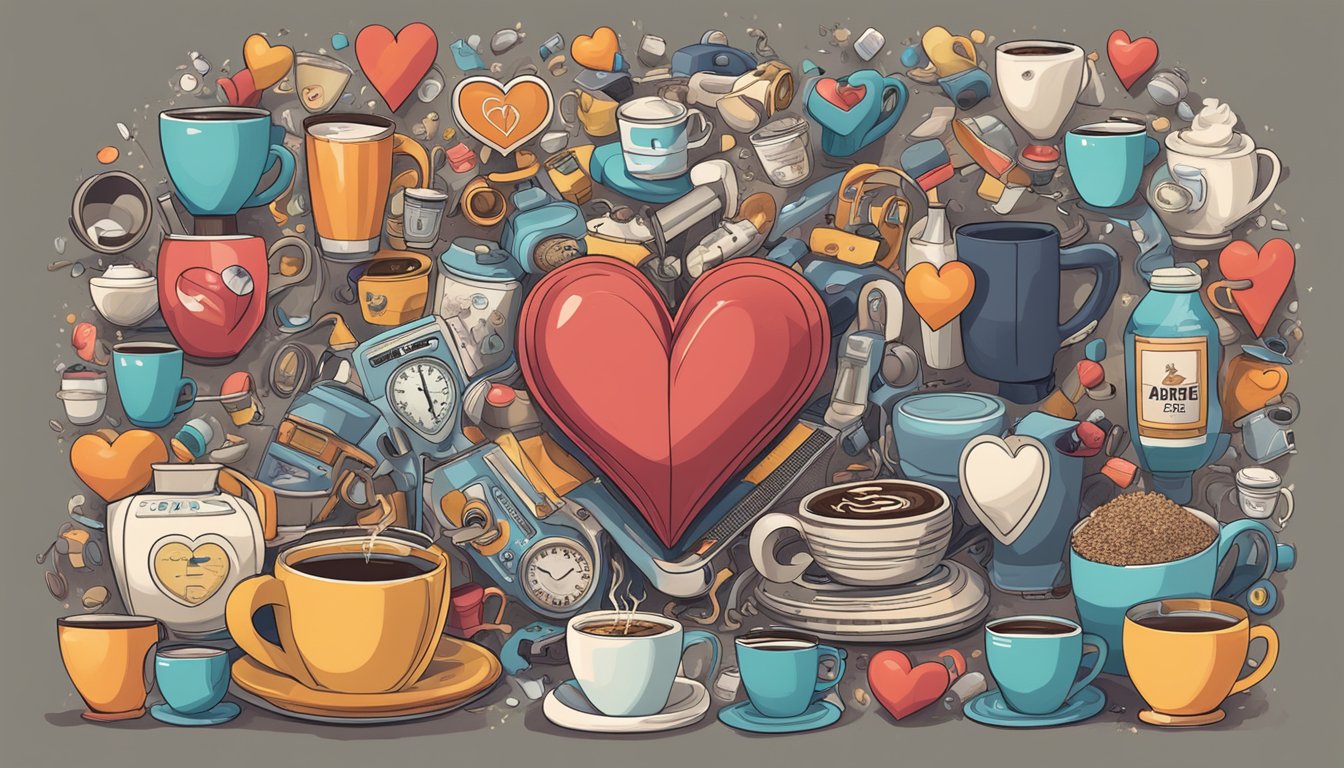 A racing heart, surrounded by images of caffeine, stress, exercise, and anxiety
