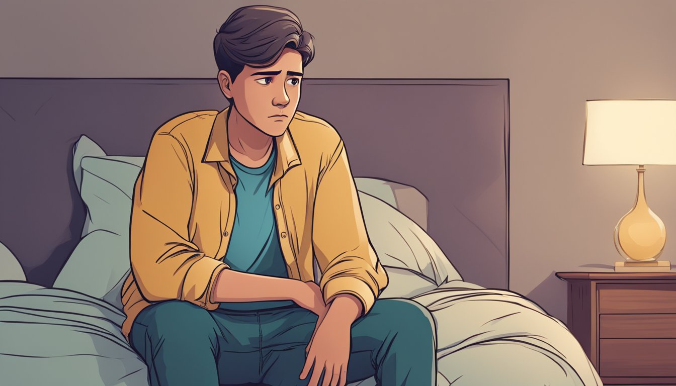 A person sitting on a bed, looking concerned, with a hand on their chest and a worried expression on their face