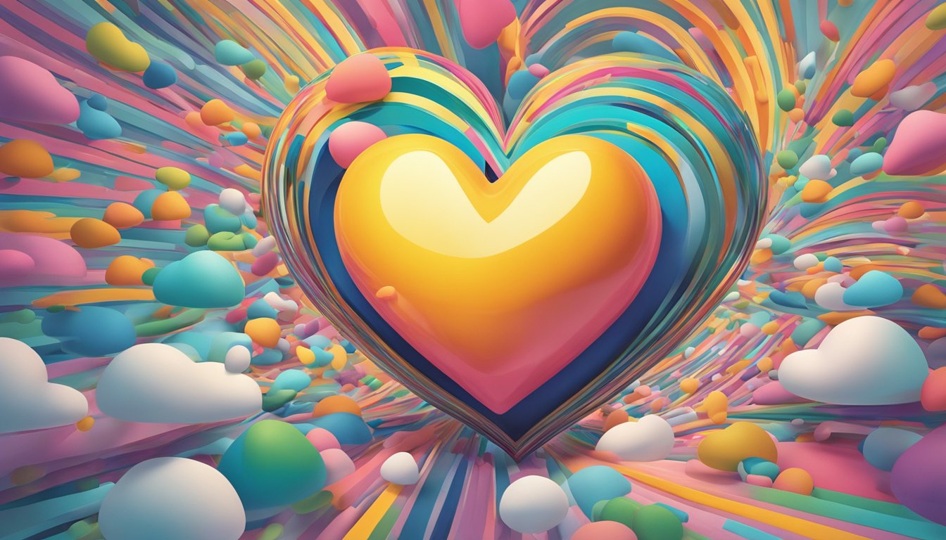 A heart-shaped object pulsating rapidly in a question mark-filled environment