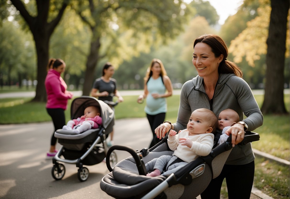 A mother with a baby in a stroller joins a postnatal fitness class in a park, surrounded by other moms and their babies. The instructor leads the group in gentle exercises tailored for postpartum bodies