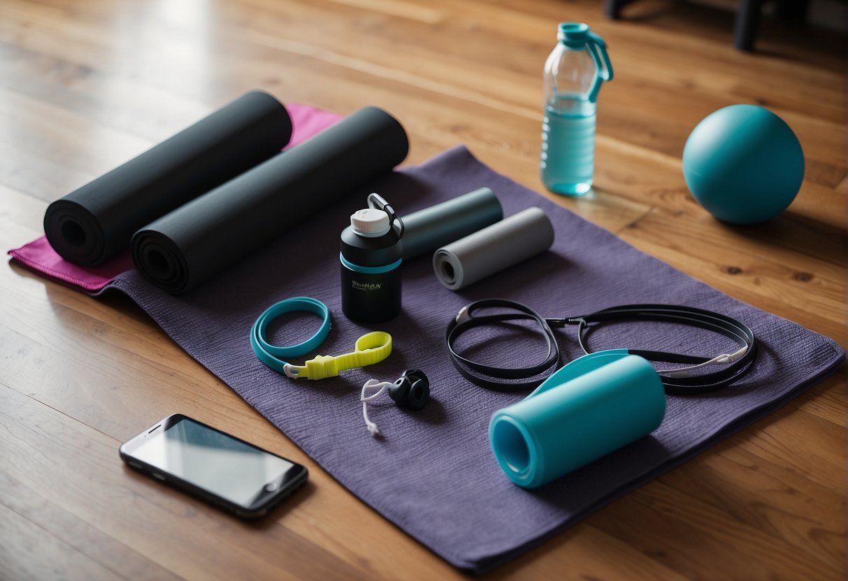 A woman's workout clothes laid out on a yoga mat, with a water bottle and resistance bands nearby. A notebook and pen sit on the side, ready for tracking progress