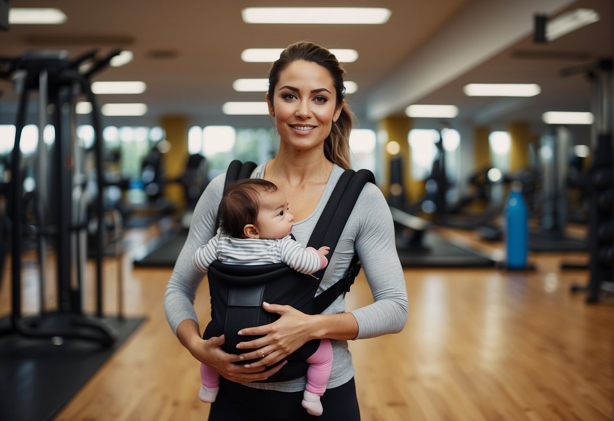 A woman in workout clothes stands in a gym, holding a baby in a carrier. She looks determined, surrounded by exercise equipment and a supportive trainer