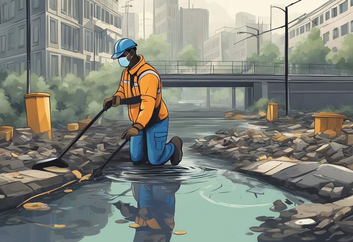 A city worker cleans a sewer, surrounded by polluted water and debris. The scene depicts environmental impact and public health concerns