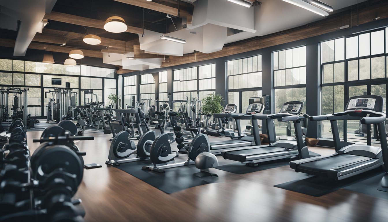 A bright, open gym with various workout stations and equipment. People are engaged in activities like lifting weights, running on treadmills, and stretching. The atmosphere is energetic and motivating