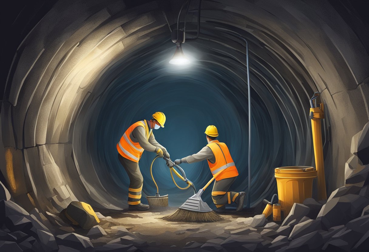 A sewer cleaning crew using equipment and tools to clear blockages in a dark, narrow underground tunnel