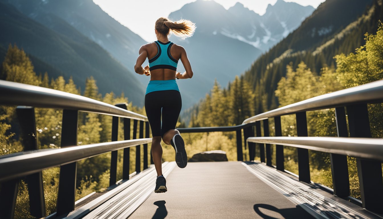 A person running on a treadmill with determination, surrounded by motivational quotes and images of scenic outdoor landscapes