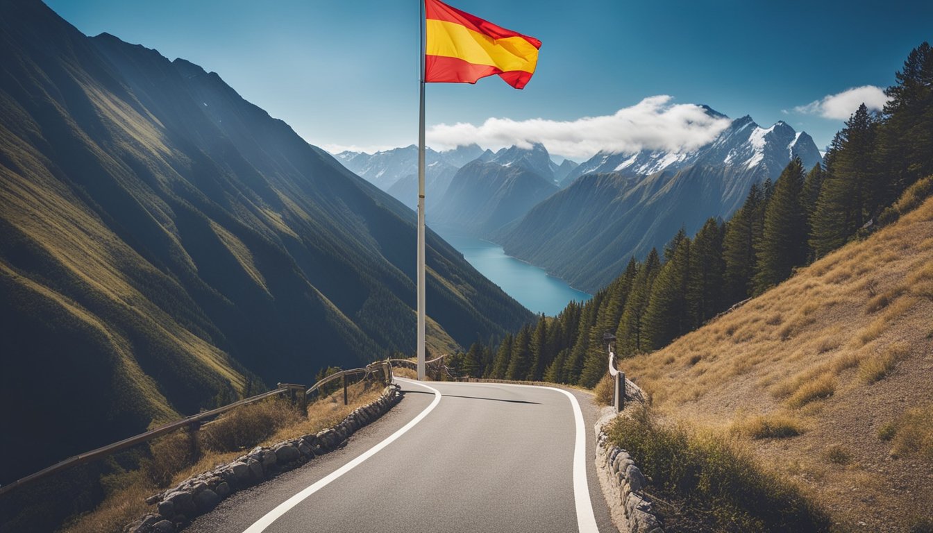 A winding road leads to a mountain peak with a flag at the summit. Along the way, there are various fitness obstacles and milestones, such as a weightlifting station, a running track, and a healthy eating area