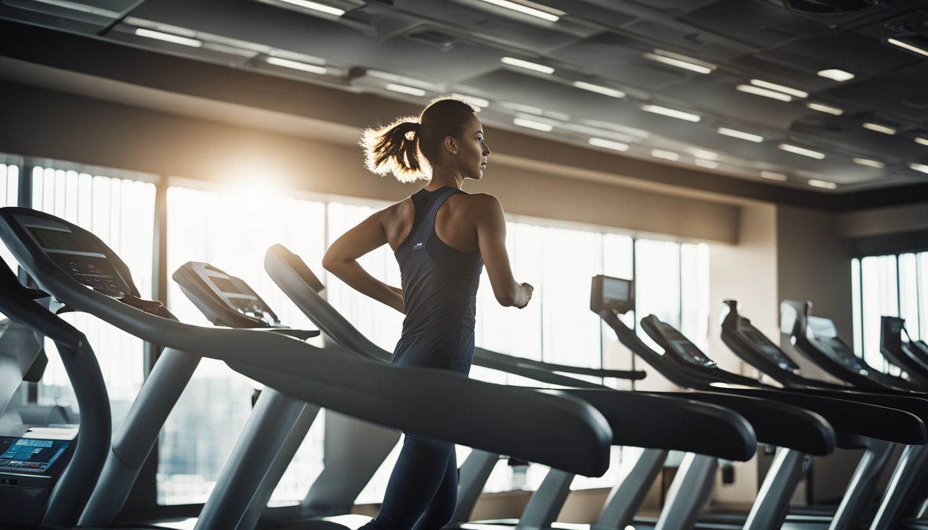 A person running on a treadmill, surrounded by motivational quotes and images of success. The room is filled with energy and determination