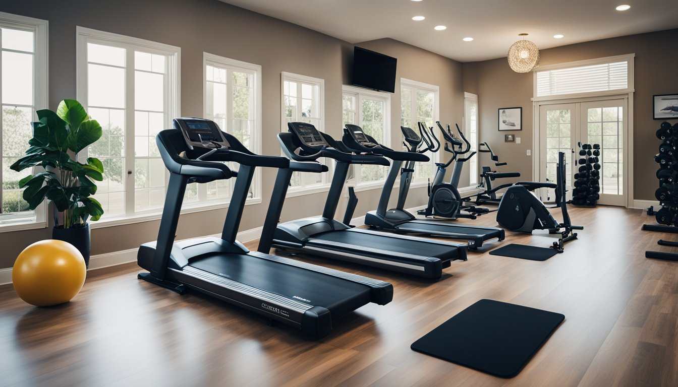 A clutter-free home gym with natural light, motivational quotes on the wall, and exercise equipment neatly organized for quick access