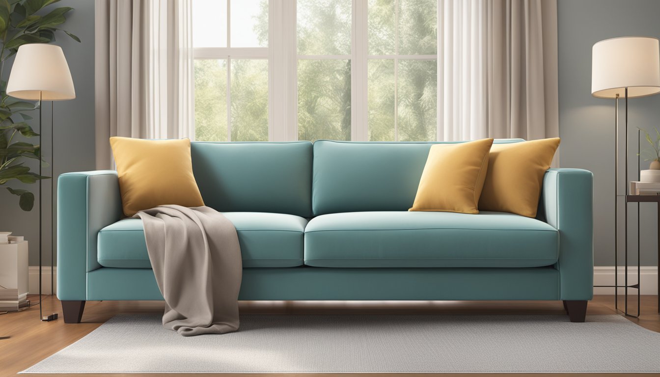 A cozy microfiber sofa, with soft, plush material and a sleek, modern design, sits in a well-lit living room